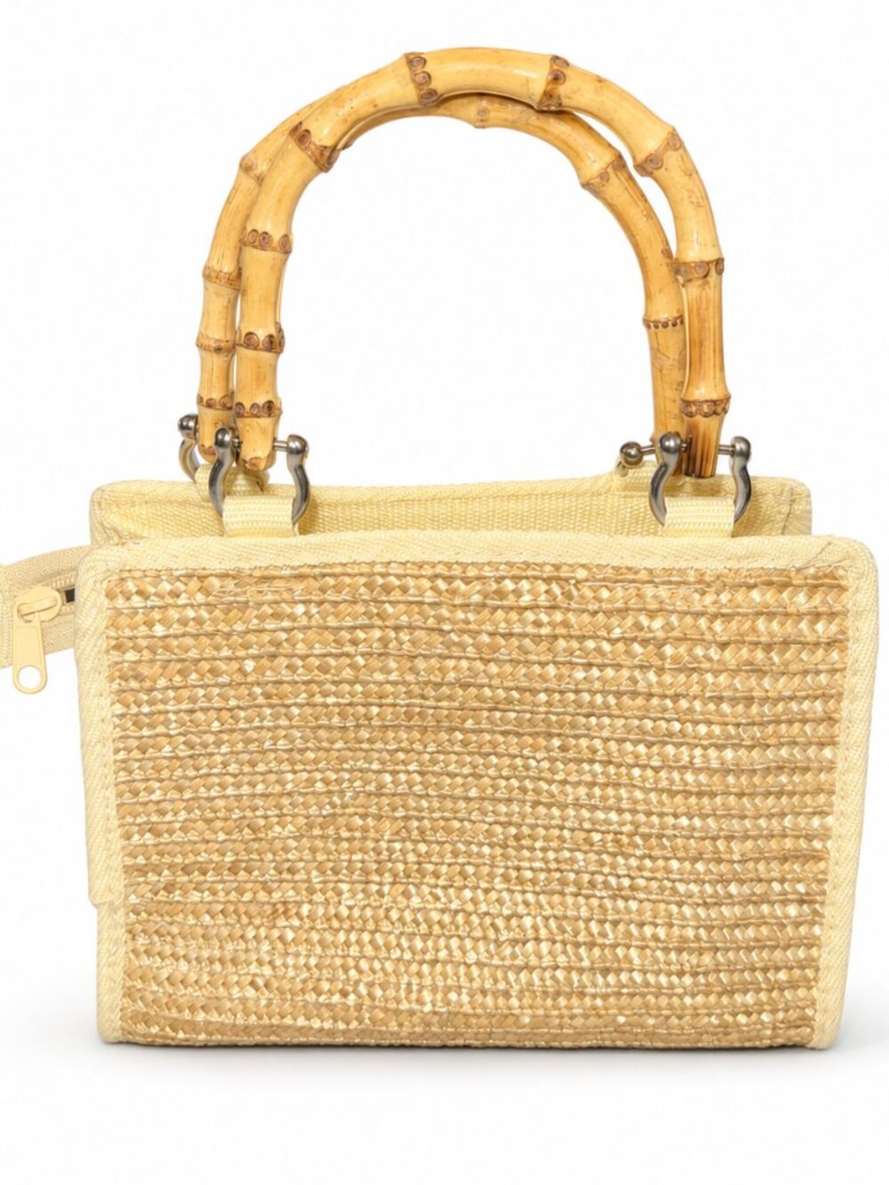 Vintage 90s Wheat Straw Handbag Yellow Bamboo Handles Summer Tote